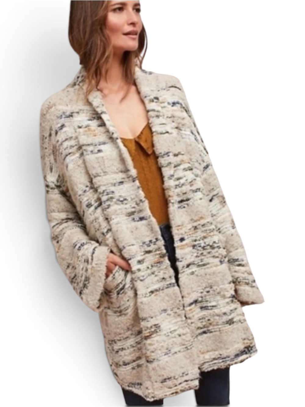 Anthropologie Moth Chloe Knit Open Cardigan Sweater chunky Cream Boho oversized